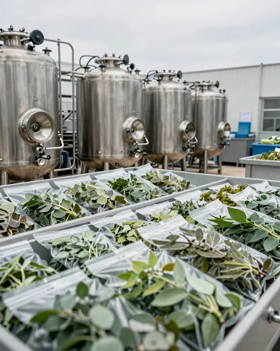Wide clean shots of stainless steel processing vessels and organized botanical storage packaging in a neutral facility