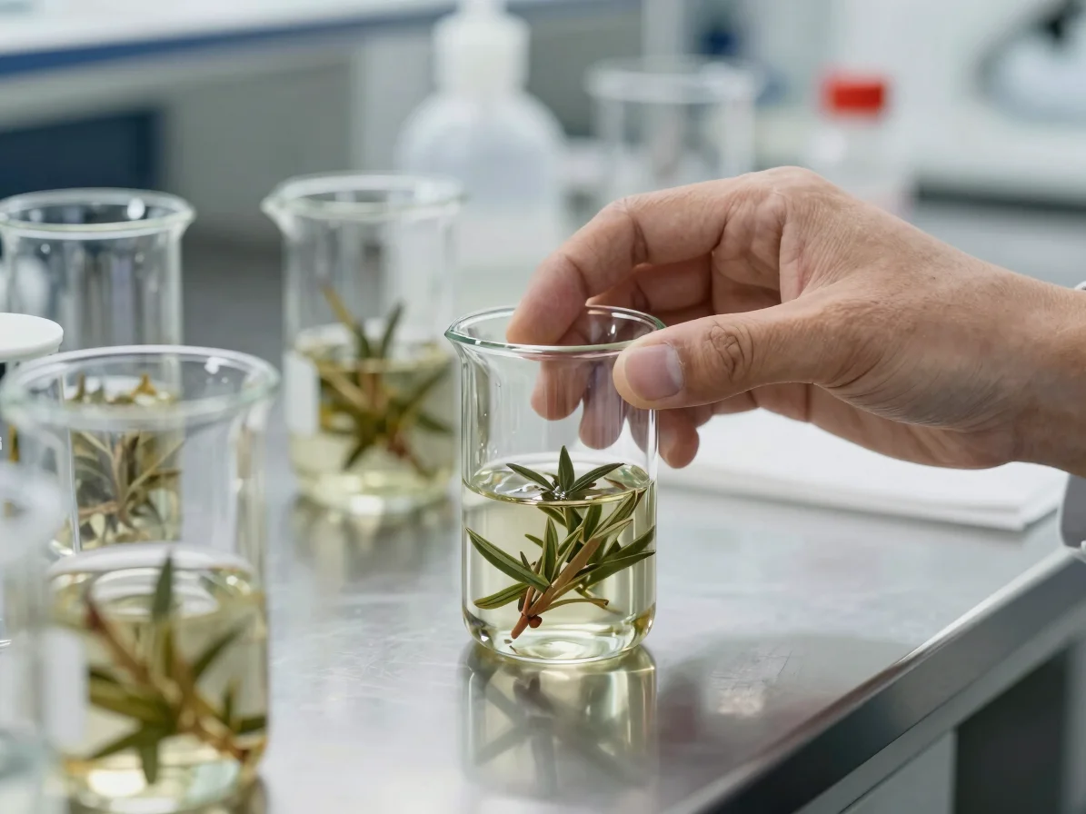 Amber testing glassware containing concentrated botanical plant extracts on a stainless steel laboratory bench