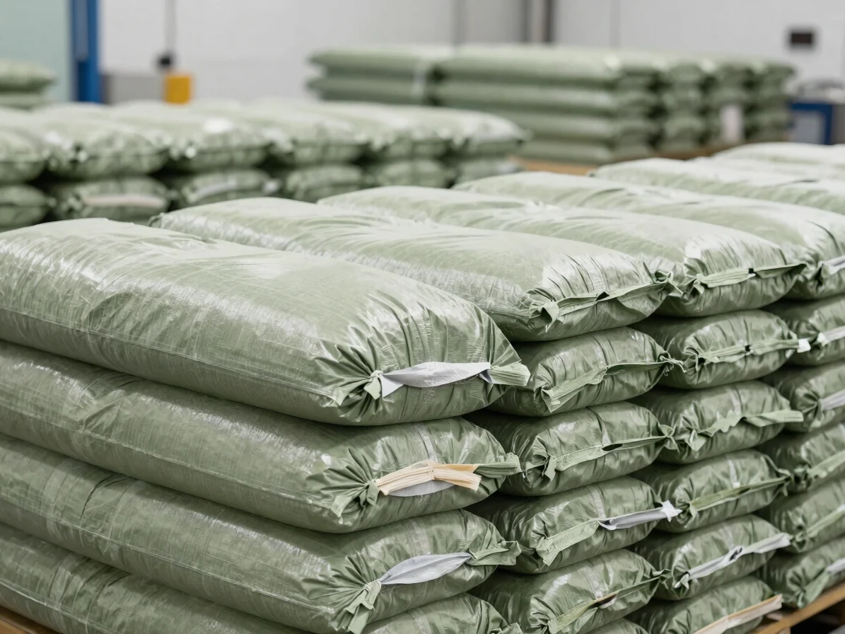Organized industrial bulk storage packaging bags in a clean, brightly lit processing and fulfillment facility